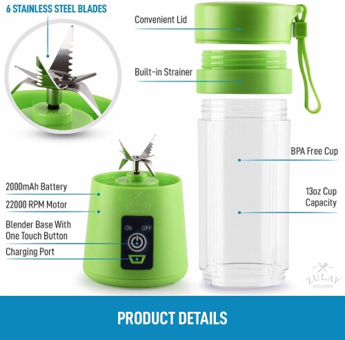 Zulay Kitchen Portable Blender - USB Rechargeable Portable For Travel - Green Perspective: top
