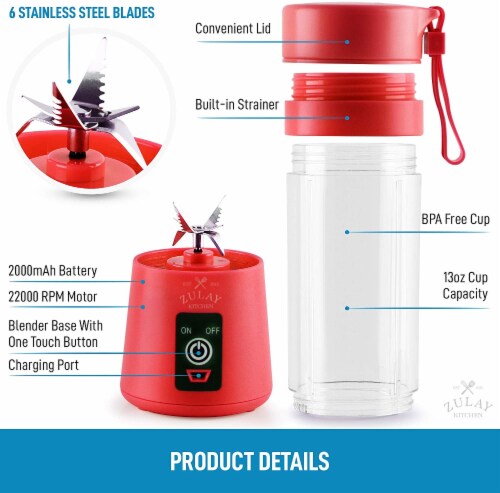 Zulay Kitchen Portable Blender - USB Rechargeable Portable For Travel - Red Perspective: top