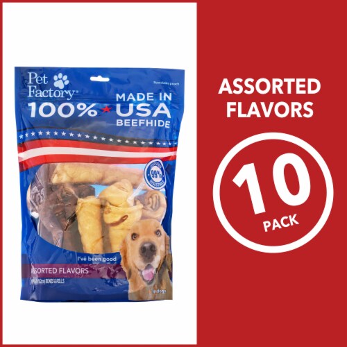 Pet Factory Made in USA Beefhide (5 Bones, 5 Rolls), (Beef & Chicken) - 6-7", 10 Ct Perspective: top