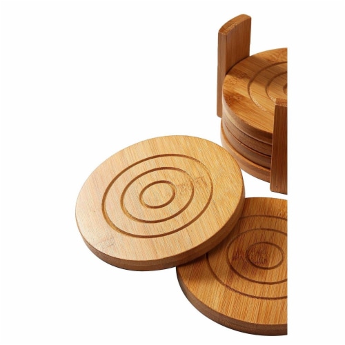 Juvale 6-Pack Round Bamboo Coasters Set with Holder -  Tan, 4.3 Inches Perspective: top