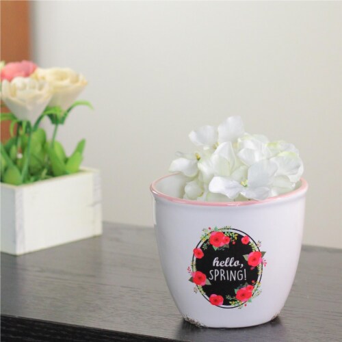 Napco 4.75 White and Black hello SPRING Floral Easter Planter Perspective: top