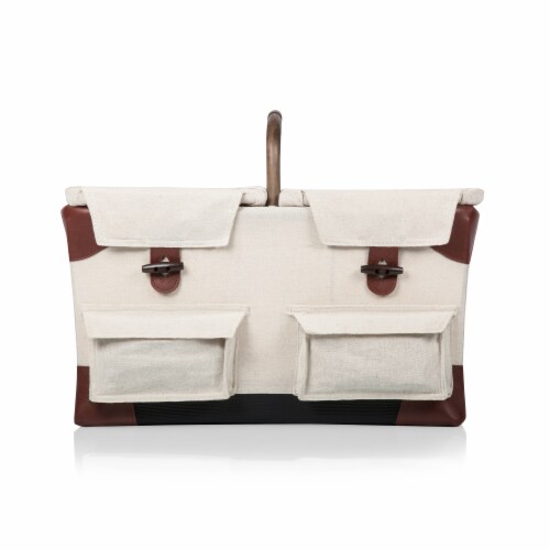 Pioneer Picnic Basket, Beige Canvas with Navy Blue & Brown Accents Perspective: top