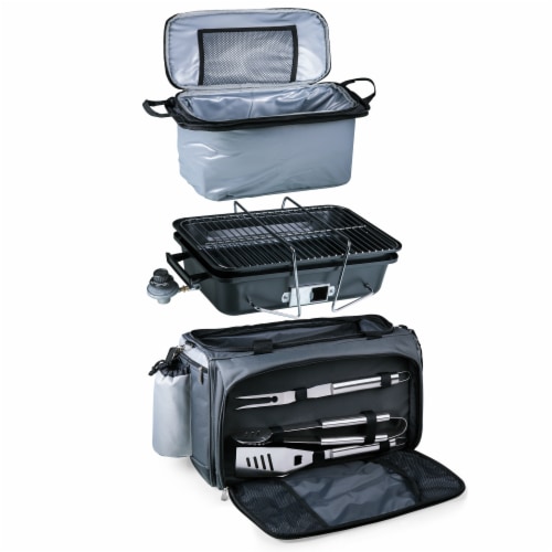 Vulcan Portable Propane Grill & Cooler Tote, Black with Gray Accents Perspective: top