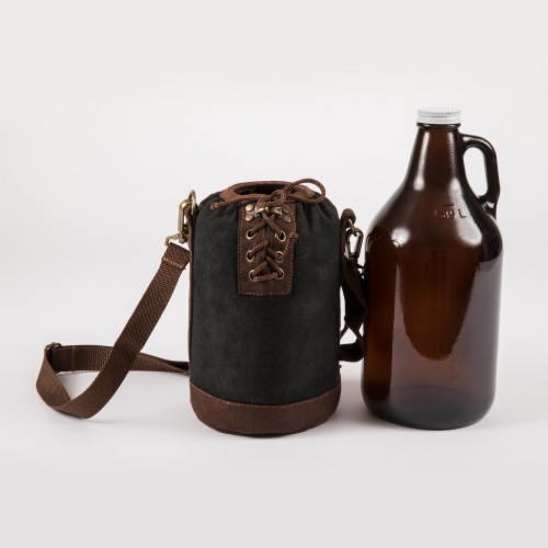 Insulated Growler Tote with 64 oz. Glass Growler, Black with Brown Accents & Glass Growler Perspective: top
