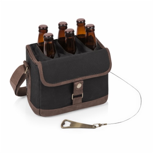 Beer Caddy Cooler Tote with Opener, Black with Brown Accents Perspective: top