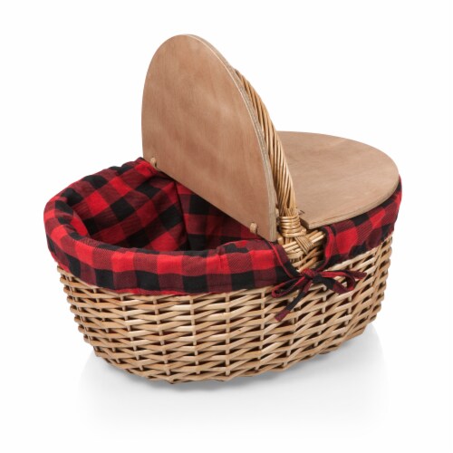 Country Picnic Basket, Red & Black Buffalo Plaid Pattern Perspective: top