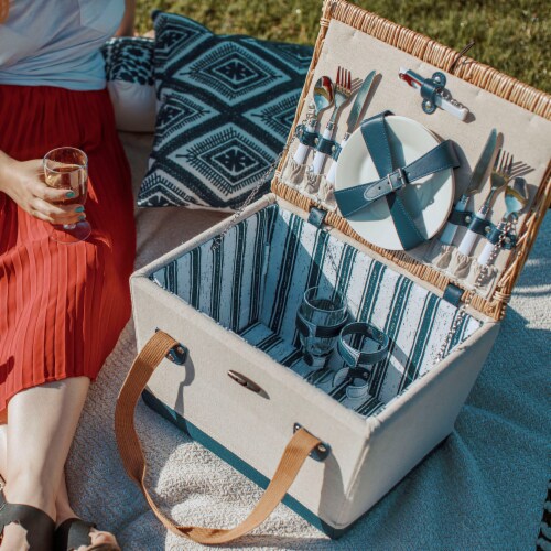 Boardwalk Picnic Basket, Beige Canvas with Navy Blue Accents Perspective: top