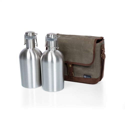 Insulated Double Growler Tote with 64 oz. Stainless Steel Growlers, Khaki Green Perspective: top