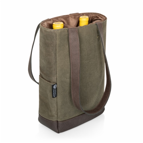 2 Bottle Insulated Wine Cooler Bag, Khaki Green with Beige Accents Perspective: top