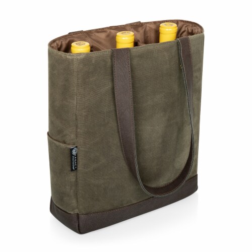 3 Bottle Insulated Wine Cooler Bag, Khaki Green with Beige Accents Perspective: top