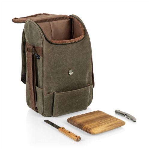 2 Bottle Insulated Wine & Cheese Cooler with Cheese Board, Knife & Corkscrew, Khaki Green Perspective: top