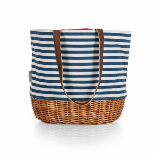 Coronado Canvas and Willow Basket Tote, Navy Blue & White Stripe Perspective: top
