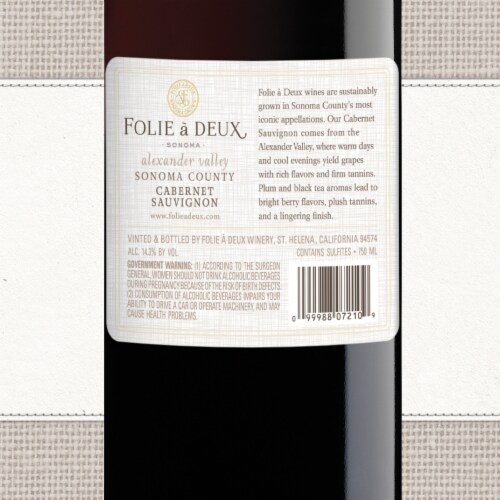 Folie a Deux Alexander Valley Cabernet Sauvignon California Red Wine 750 ml Perspective: top
