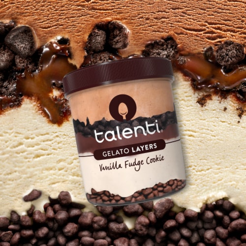 Talenti Vanilla Fudge Cookie Chocolate & Vanilla Gelato Cookies Fudge & Waffle Pieces Gelato Layers Perspective: top
