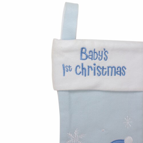 Northlight 19 Blue and White Baby's 1st Christmas Embroidered Teddy Bear Christmas Stocking Perspective: top