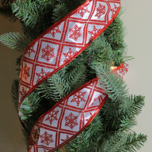 Northlight Red and White Snowflake Christmas Wired Craft Ribbon 2.5 x 10 Yards Perspective: top