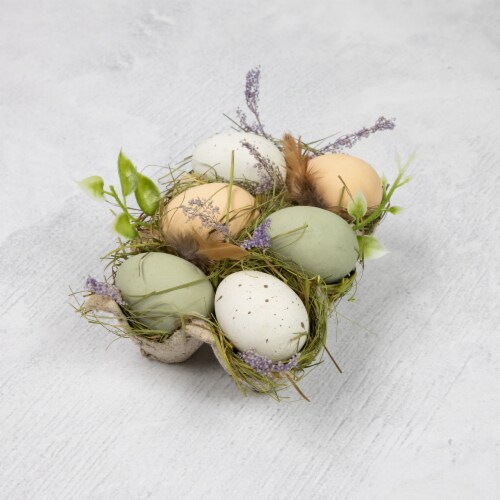 Northlight Pack of 6 Assorted Easter Eggs with Carton and Grass Decoration Perspective: top