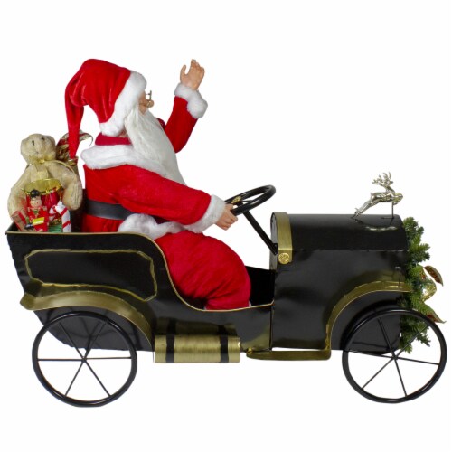 Northlight 33 Santa Delivering Presents in a Black and Gold Vintage Car Christmas Decoration Perspective: top
