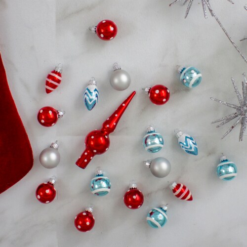 Northlight 19ct Red and Blue Frosted Glass Christmas Ornaments and Tree Topper Set 5.25 Perspective: top