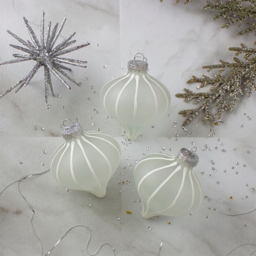 Northlight 3ct Clear and White Matte Frosted Glitter Stripes Glass Christmas Onion Drop Perspective: top