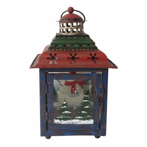 Northlight 33912034 11 in. Snowman Christmas Candle Lantern - Green, Red & Blue Perspective: top