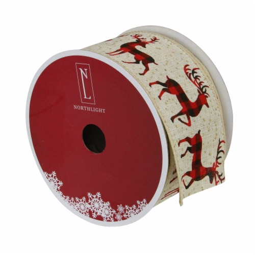 Northlight Beige and Red Plaid Buffalo with Reindeer Christmas Wired Craft Ribbon 2.5  x 16 Perspective: top