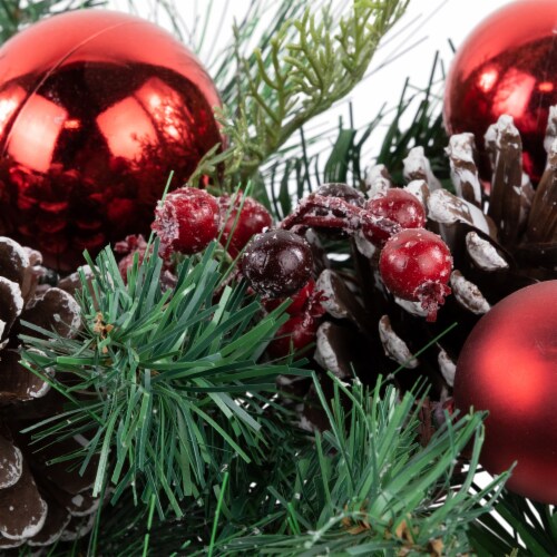 Northlight 24 Mixed Pine and Red Ornaments Artificial Christmas Arrangement in Wood Planter Perspective: top