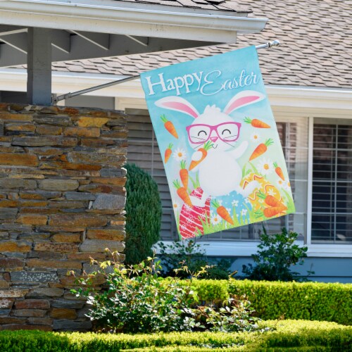 Northlight 34219452 Happy Easter Bunny with Carrots Outdoor House Flag - 28 x 40 in. Perspective: top