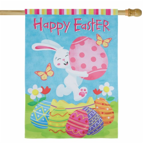 Northlight 34219491 Happy Easter Bunny with Eggs Outdoor House Flag - 28 x 40 in. Perspective: top