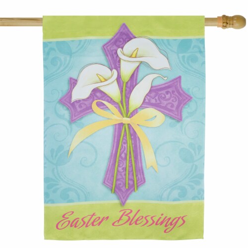 Northlight Easter Blessings Cross and Lilies Outdoor House Flag 28 x 40 Perspective: top