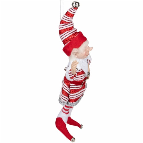 Select Artificials 13  Red and White Peppermint Striped Elf with Jingle Bells Perspective: top