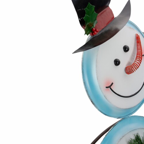 Northlight 36  White and Blue Metal Snowman with Wreath Christmas Floor Decoration Perspective: top