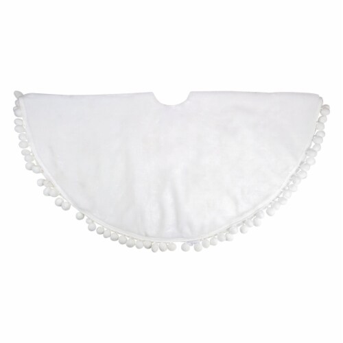 Northlight 36 White Christmas Tree Skirt With a Pom Pom Border and Tie Backs Perspective: top