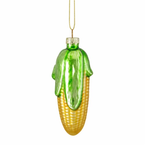 Northlight 4 Yellow and Green Corn on the Cob Glass Christmas Ornament Perspective: top