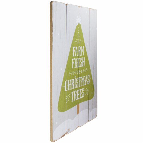 Northlight 24” Gray and Green Farm Fresh Christmas Trees Wooden Hanging Wall Sign Perspective: top