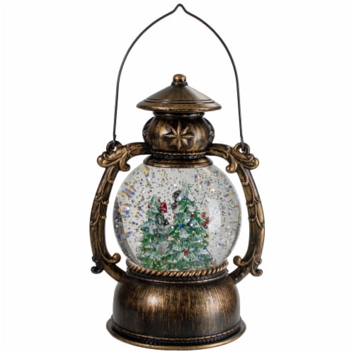 Northlight 8-Inch Black with Brushed Gold LED Snowman and Christmas Trees Snow Globe Lantern Perspective: top