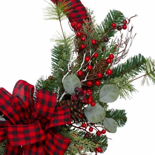 Northlight Red and Black Buffalo Plaid and Berry Artificial Christmas Wreath - 24-Inch, Unlit Perspective: top