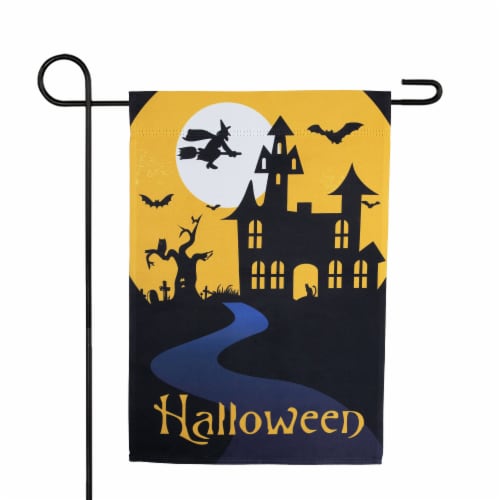 Northlight Spooky House Halloween Outdoor Garden Flag with Bats and a Witch 12.5 x 18 Perspective: top