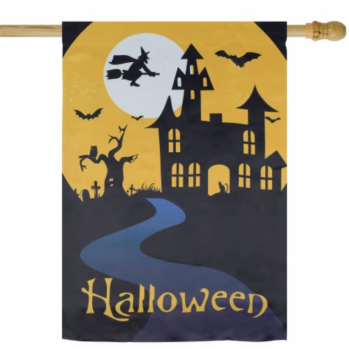 Northlight Spooky House Halloween Outdoor House Flag with Bats and Witch 28 x 40 Perspective: top