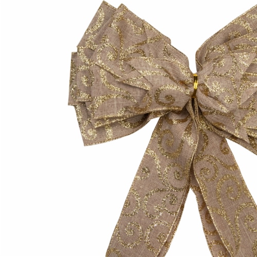 Northlight 48  x 10  Burlap and Gold Scroll 16 Loop Christmas Bow Decoration Perspective: top