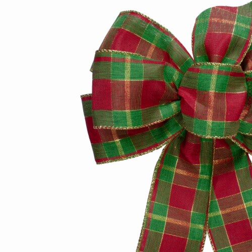 Northlight 14 x 9 Red and Green Plaid 6 Loop Christmas Bow Decoration Perspective: top