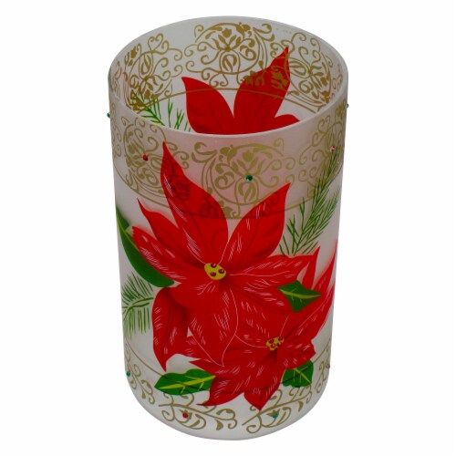 Northlight 10 Hand-Painted Red Poinsettias and Gold Flameless Glass Christmas Candle Holder Perspective: top