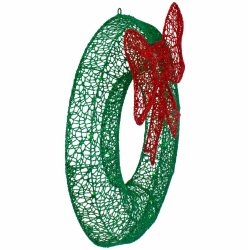 Northlight 24  LED Lighted Green Glitter Wreath with Red Bow Outdoor Christmas Decoration Perspective: top