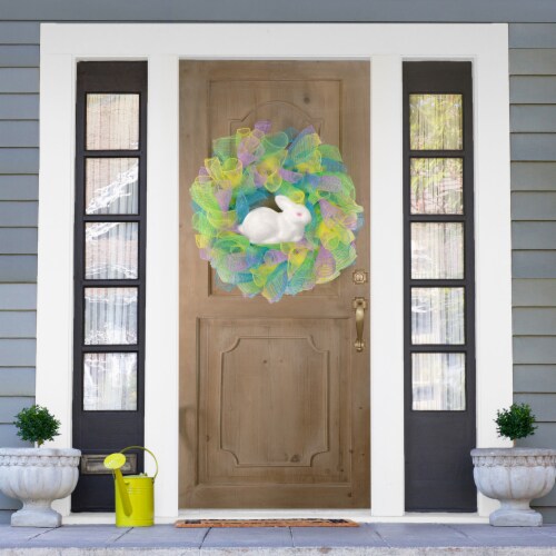 Northlight Colorful Deco Mesh Ribbon Easter Bunny Wreath, 24-Inch, unlit Perspective: top