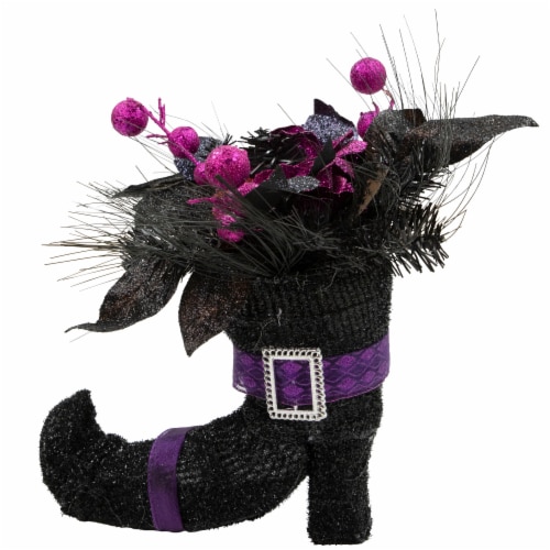 Northlight 12 Black Witch's Boot with Purple Glittered Roses Halloween Decoration Perspective: top