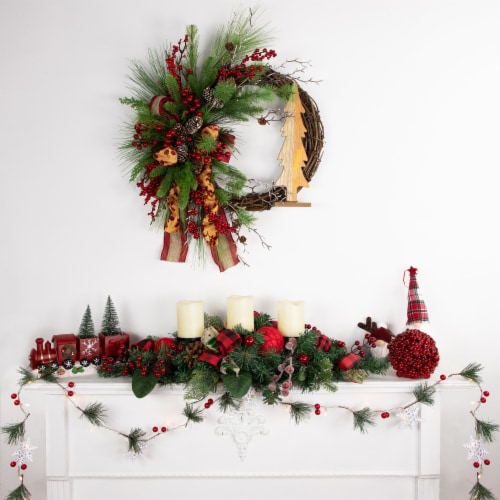 Northlight 30 Green Pine Triple Candle Holder with Bows and Plaid Christmas Ornaments Perspective: top