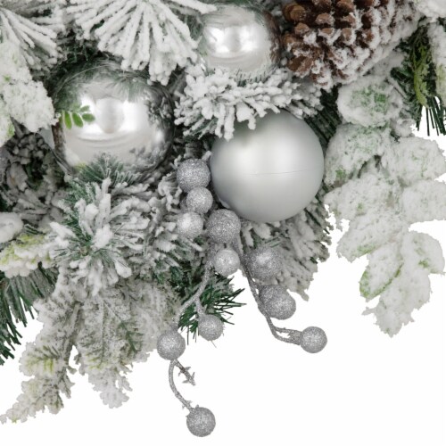 Northlight Glitter and Frosted Foliage Artificial Christmas Wreath with Bow, 30-Inch, Unlit Perspective: top