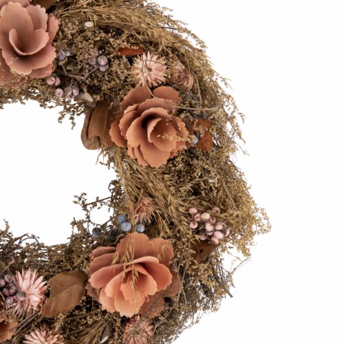 Northlight Orange and Coral Pink Twig and Floral Autumn Harvest Wreath, 13.75-Inch, Unlit Perspective: top