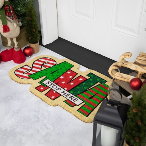 Northlight Red and Green Santa Stop Here Outdoor Christmas Doormat 18 x 30 Perspective: top