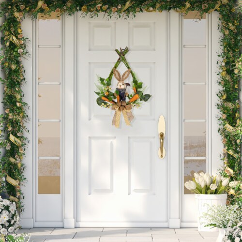 Northlight Farmer Bunny Moss Vines Teardrop Easter Wreath - 22 - Green and Orange - Unlit Perspective: top